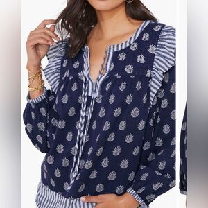 Vineyard Vines L Fleur De Leaf Quilted Blouse Peasant Ruffle Nautical Coastal